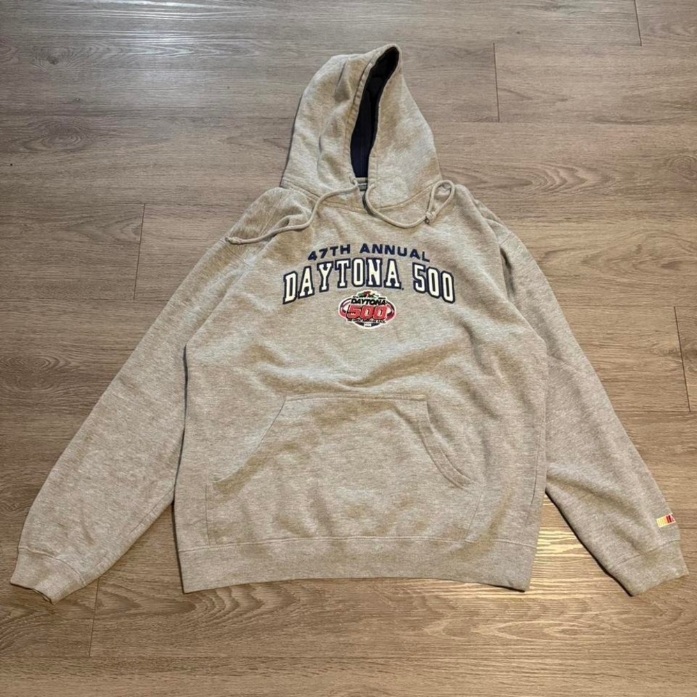 Vintage 2005 Daytona 500 NASCAR Hoodie Large Grey Heather Embroidered 47th